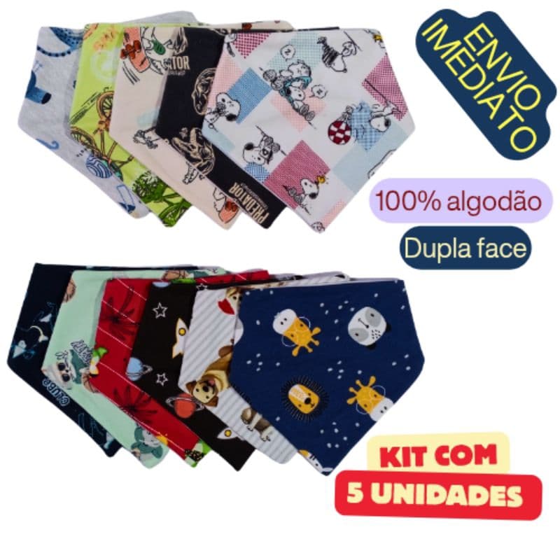 KIT 5 Babadores Bandana bebê Dupla face 100% ALGODÃO  Estampas MENINOS