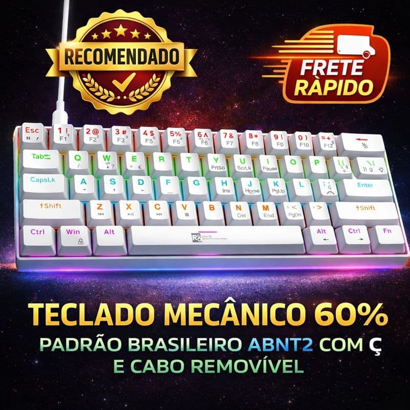 Teclado Gamer Mecânico 60% Switch Azul Profissional Cabo Removível USB Portugues ABNT2 Branco