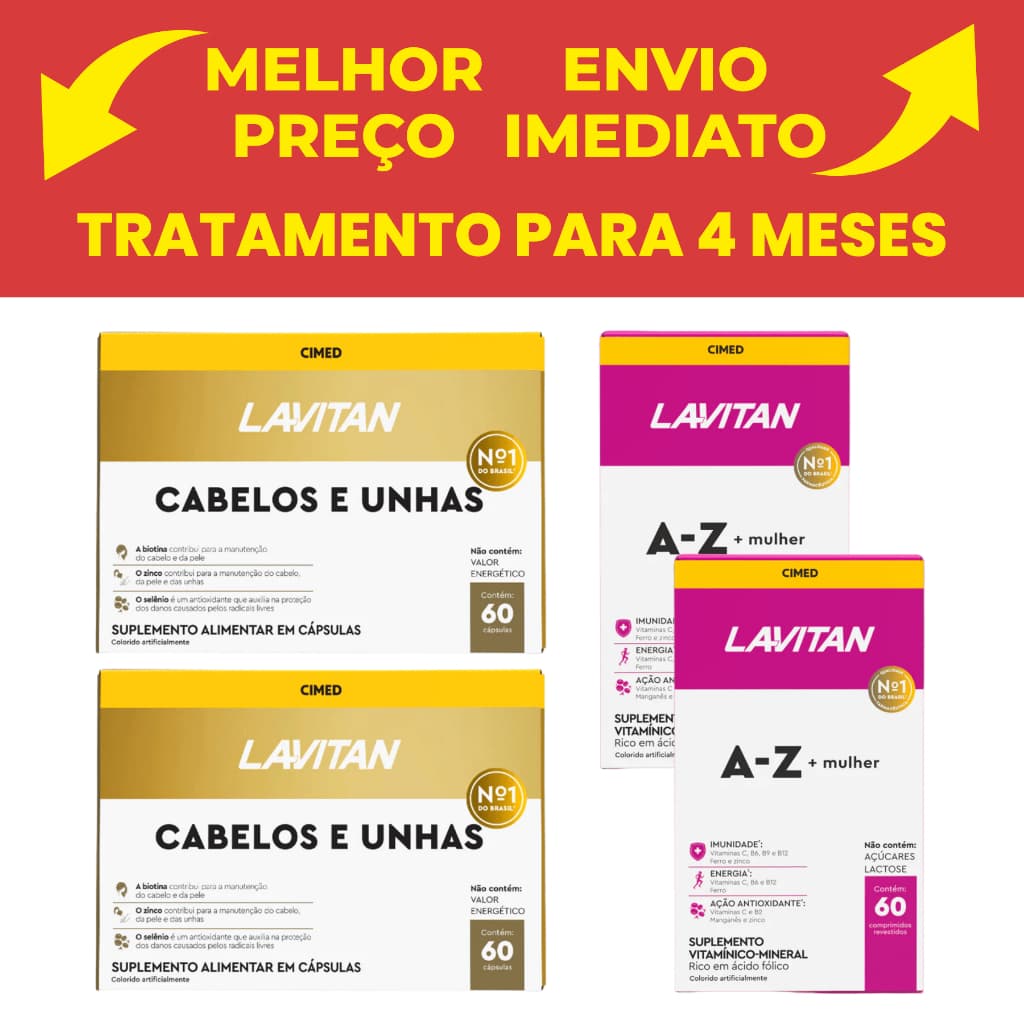 Kit Cimed 2 Lavitan Hair Cabelos e Unha 60cáps + 2 Lavitan A-z Mulher 60cáps