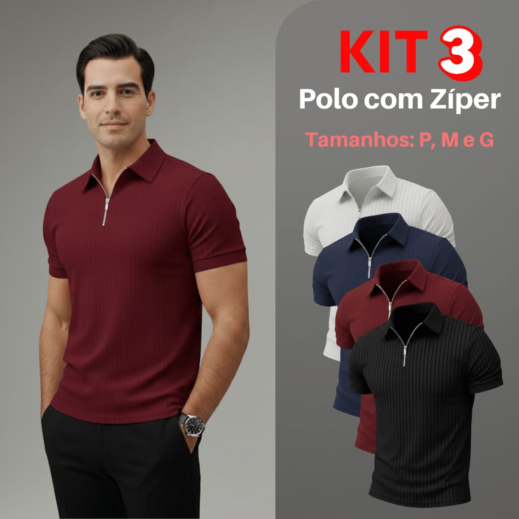 Kit 3 Camiseta Polo Com Ziper Manga Curta Canelada Camisa Básica Malha