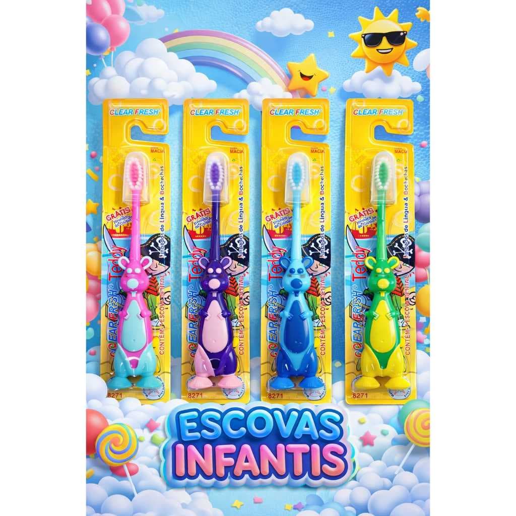 Kit 4 Escovas de Dente Infantil/Adulto Bebê e Criança Higiene Bucal - Limpeza Divertida
