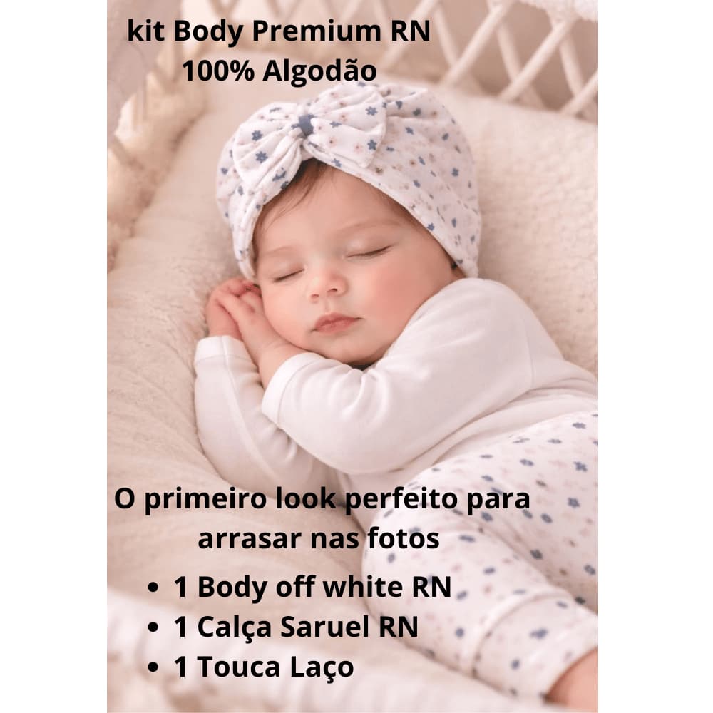 Body RN Premium - Kit Saída Maternidade off White 03 Peças Bebê Menina 100% Algodão Body, Calça Saruel, Touca laço