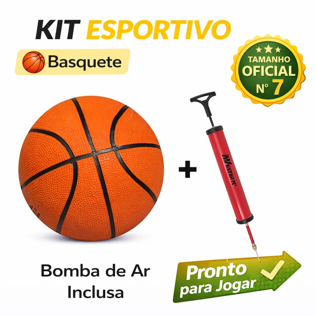 Kit Bola Basquete NBA Tamanho Oficial Nº 7 + Bomba Inflar Bico Ar Para Encher Bola Basketball Quadra