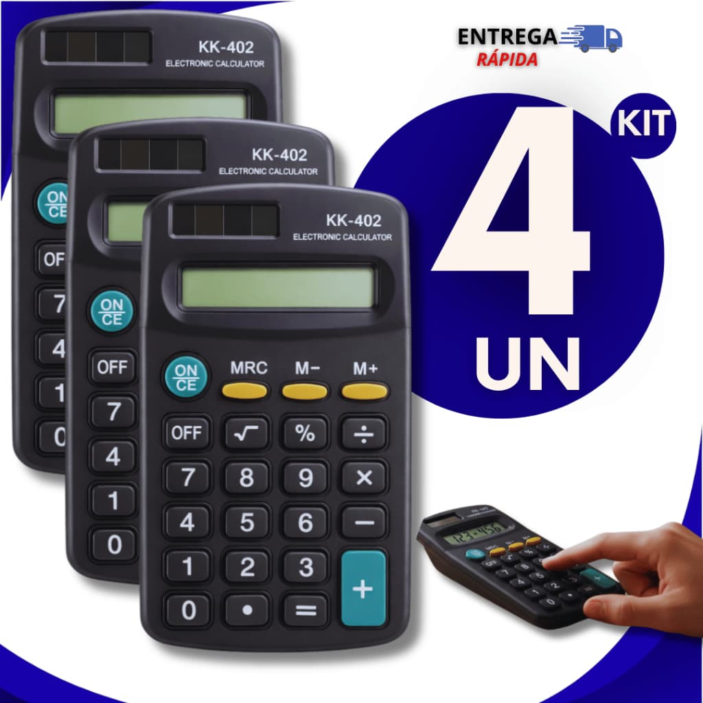 KIT 4 Calculadora Eletrônico De Bolso KK-402 8 Dígitos Preto Multiuso Escritório Premium Utilidades