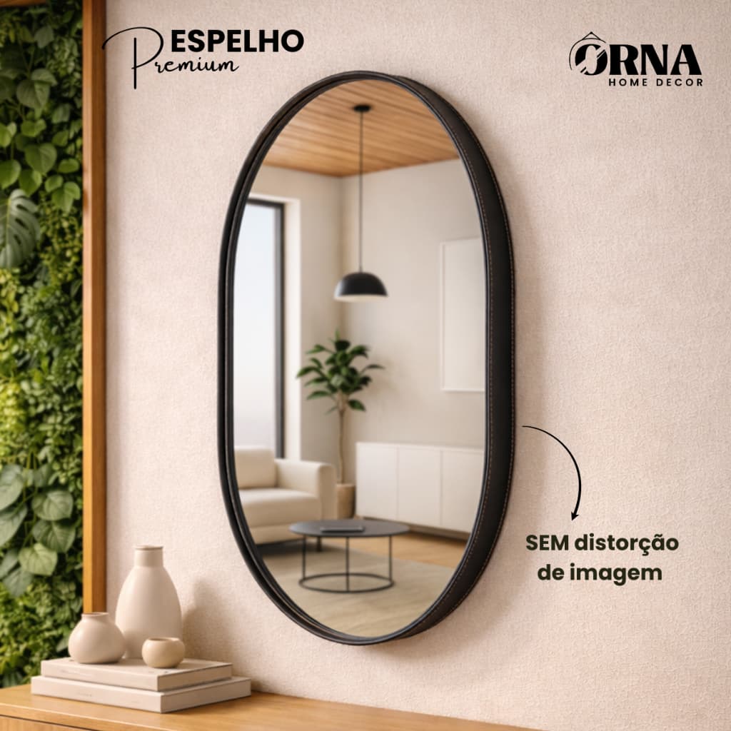 Espelho Oval Adnet 60x40cm Moldura em Couro Costura Artesanal para Sala, Quarto ou Banheiro