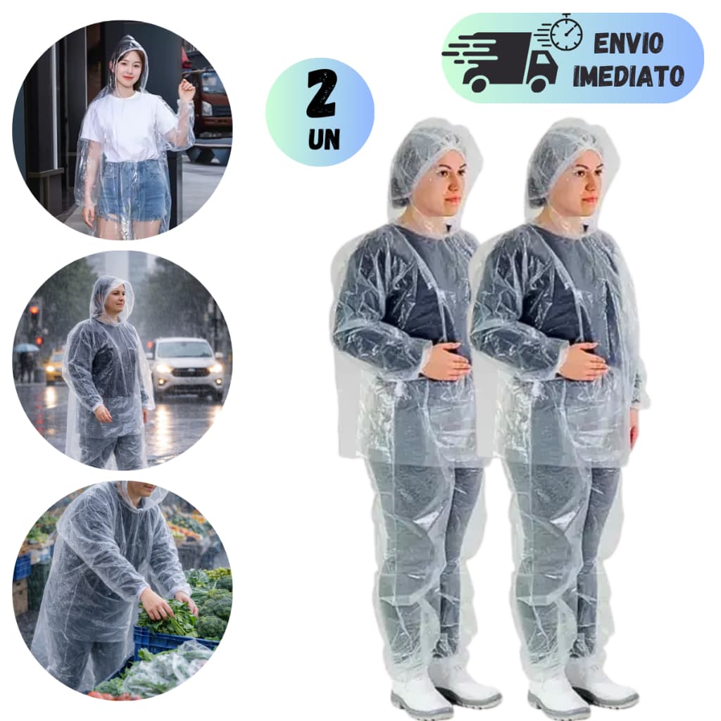KIT 2 OU 1 CONJUNTOS CAPA DE CHUVA DESCARTÁVEL TRANSPARENTE COM CAPUZ JAQUETA E CALÇA TAMANHO ÚNICO