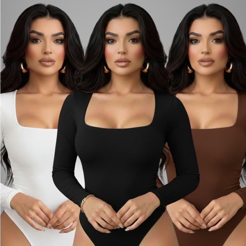 Kit 3 Body Feminino Manga Longa Decote Quadrado Suplex Liso
