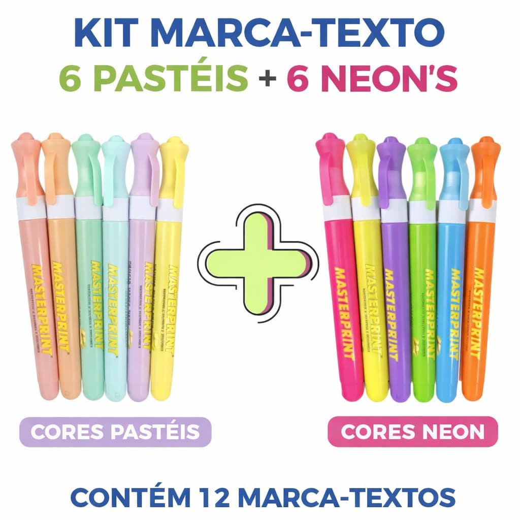 Kit 12 Caneta Marca Texto Slim (6 Neon + 6 pastel) Escolar Infantil Diversas Cores Masterprint