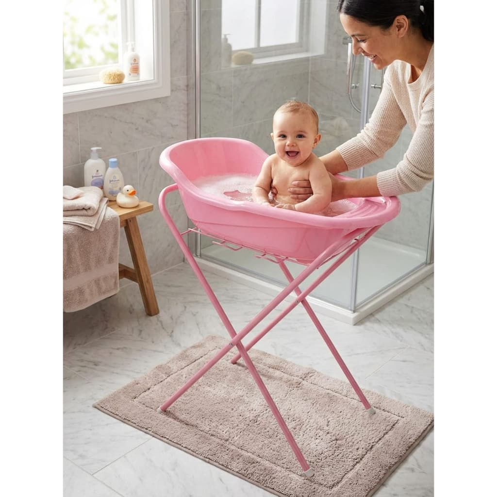 Banheira De Bebê 20 Litros + Suporte Retrátil Compacto Até 18kg - Rosa