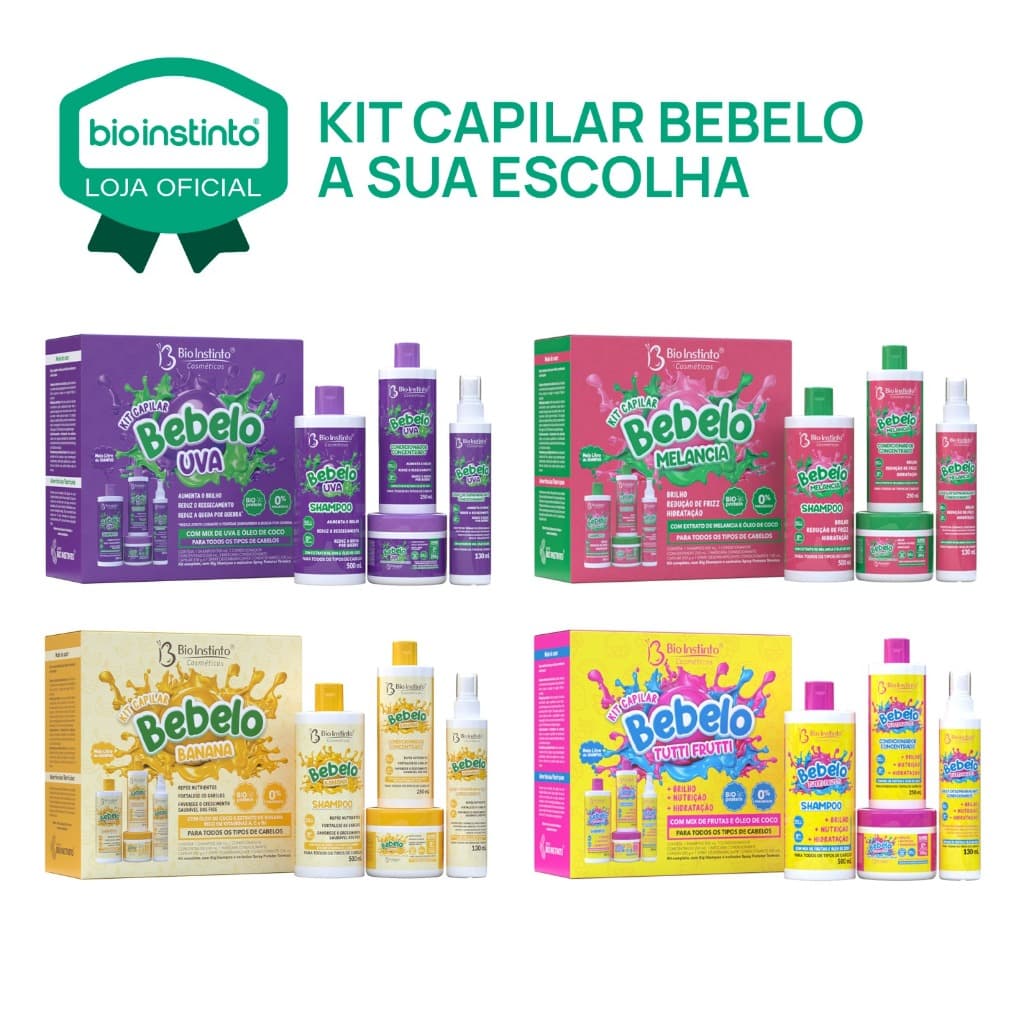 Kit Bebelo Tutti Fruti Uva Banana A escolha Cabelos lisos Ondulados Ressecados Força Bio Instinto