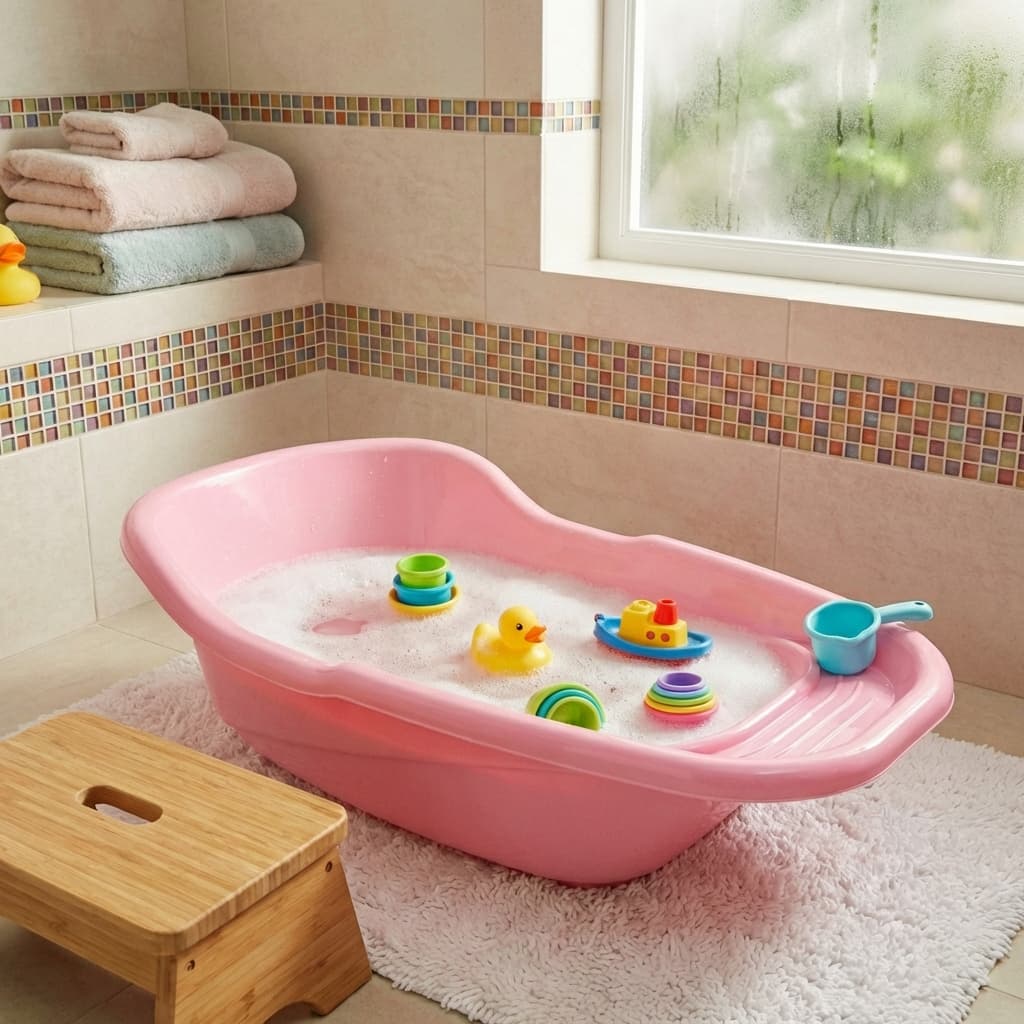 Banheira Banho de Bebê Divertido Azul/ Rosa c/ Compartimento de Água e Saboneteira