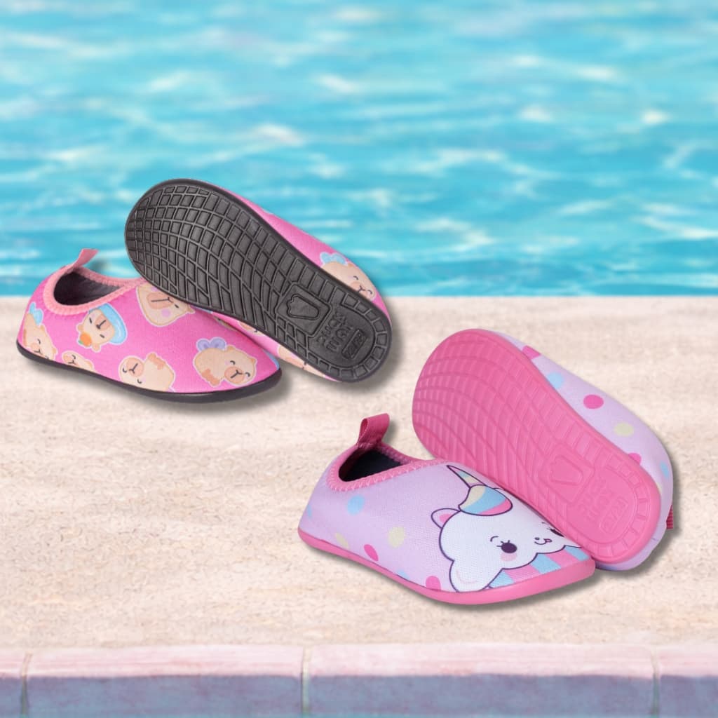 KIT 2 Sapatilha Calce Fácil Desenho Menina Infantil Aquatica Antiderrapante Piscina Duck Way Calçado