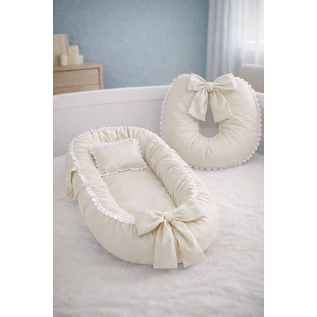 Kit Ninho Redutor de Berço 3 Peças Bebê Almofada Amamentação, Travesseiro Menina Menino Renda Guipir