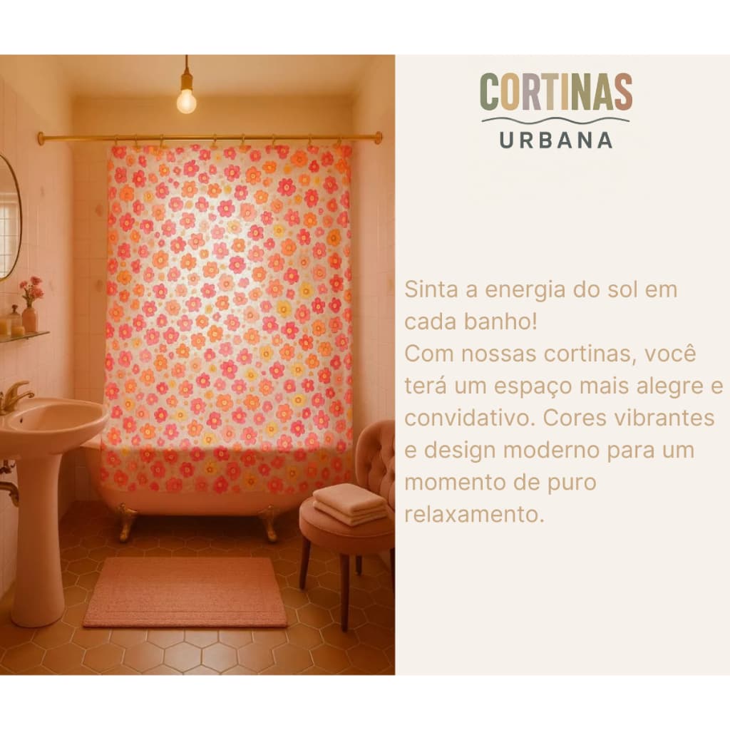 Cortina de Box Banheiro Estampa de Floral Estilo Dopamine Decor c/ Ganchos de Flor em Resina