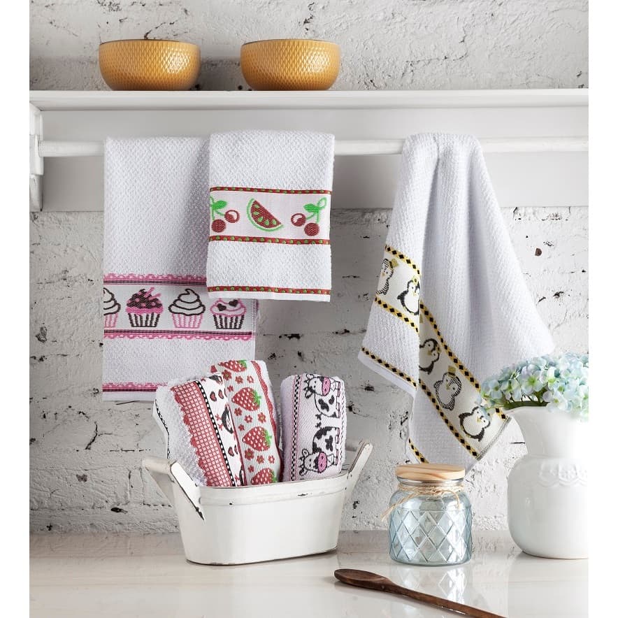 KIT 4 Pano de Copa Prato Guardanapos Kitchen 44x65cm Sortido com Estampas Variadas para Cozinha