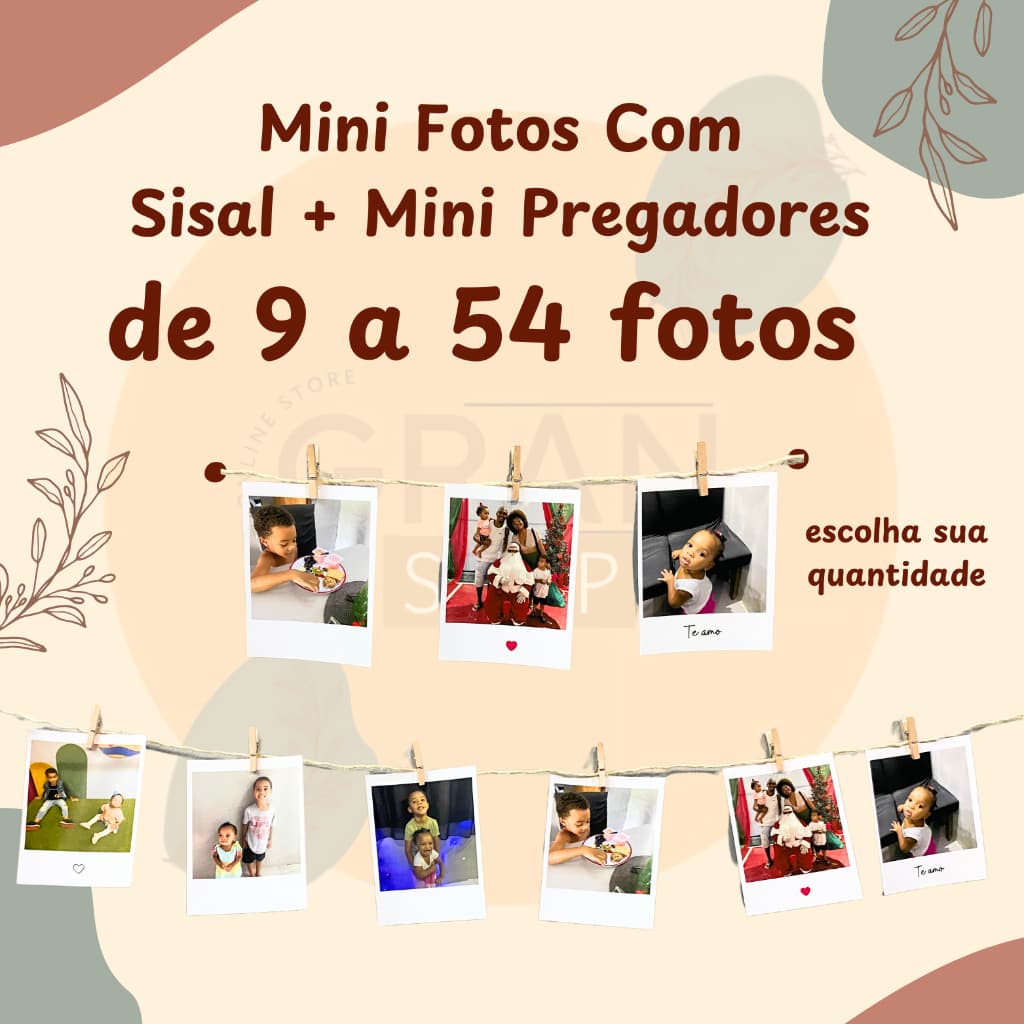 Kit Mini Fotos Com Varal Sisal e Mini Pregador de 9 a 54 unidades - Com frase/Sem frase+ENVIO RÁPIDO