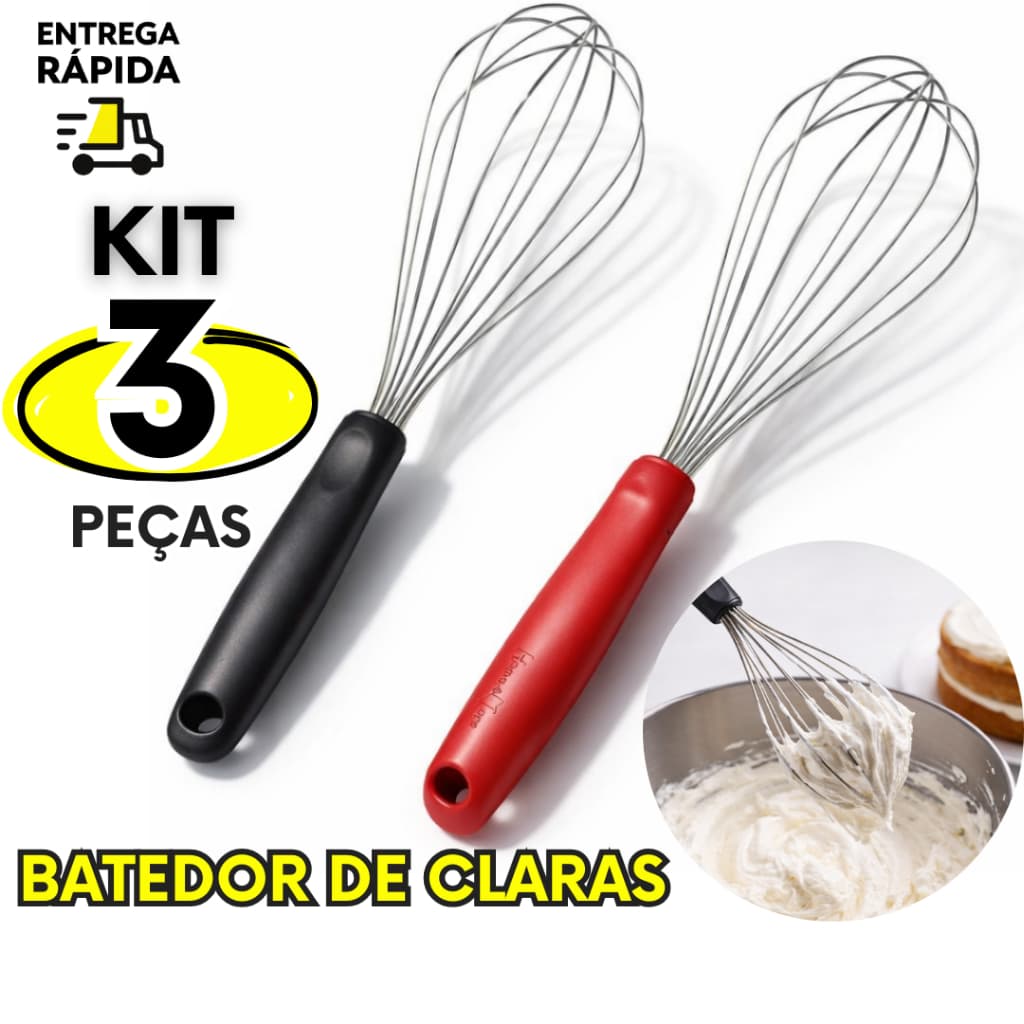 Kit 3 Batedor de Claras Fue Fouet Inox Profissional Cabo Preto Vermelho Para Confeitaria Cozinha