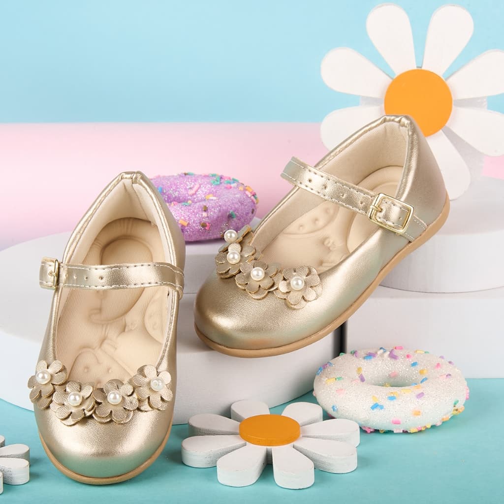 Sapatilha Infantil Menina Sapato Boneca Feminina Fivela Social Enfeite Flor Dourado Brilho Conforto