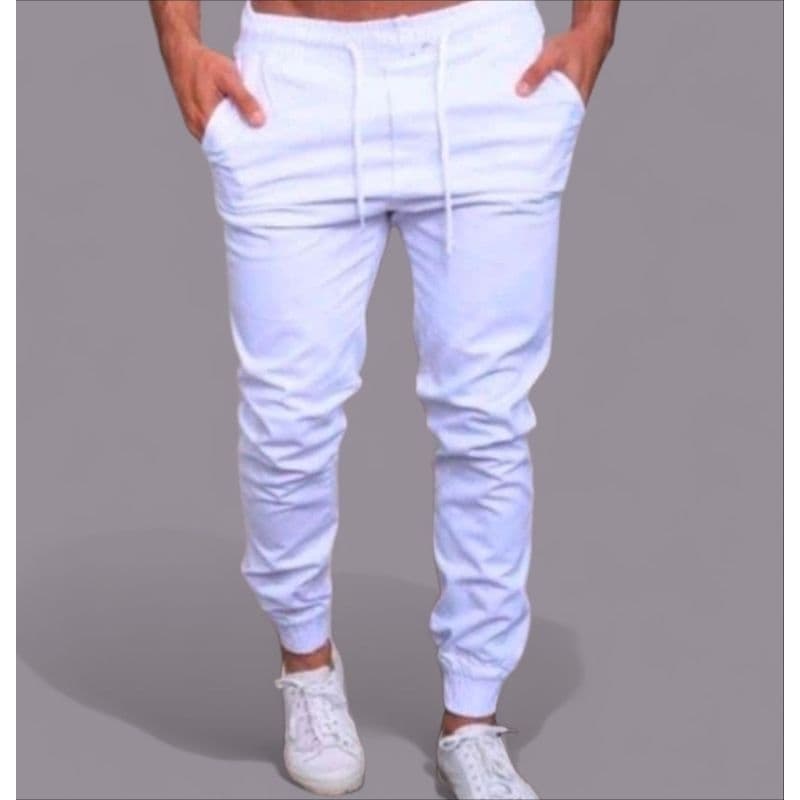 Calça Jogger Branca Sarja Masculina, Elastano, Moda Urbana, Casual, Streetwear