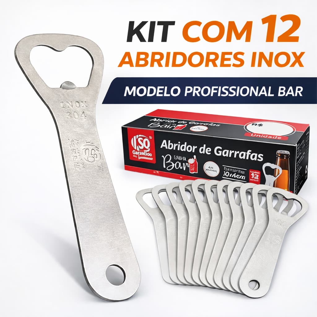 Kit 12 Abridor Garrafa Inox Bar Profissional Reforçado Atacado Resistente Bebidas Festas Restaurantes Top