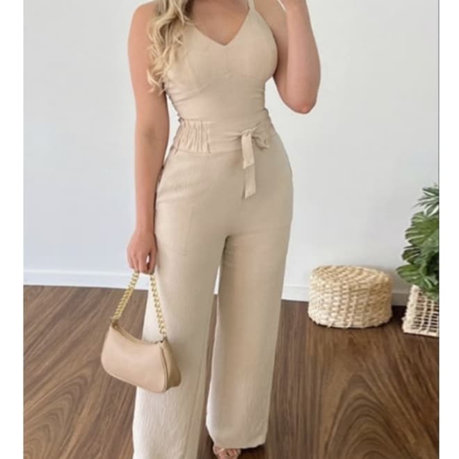 Conjunto Feminino Duna Pantalona e Cropped com Bojo | Alça Regulável | Alfaiataria Elegante