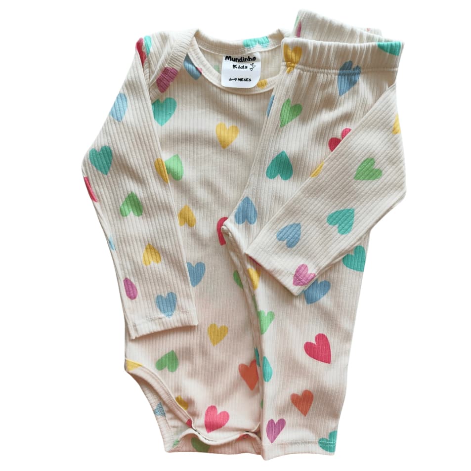 Conjunto Manga Longa Canelado Body Bebê Menina Body+Calça Tipo Mijão Diversas Cores e Estampas