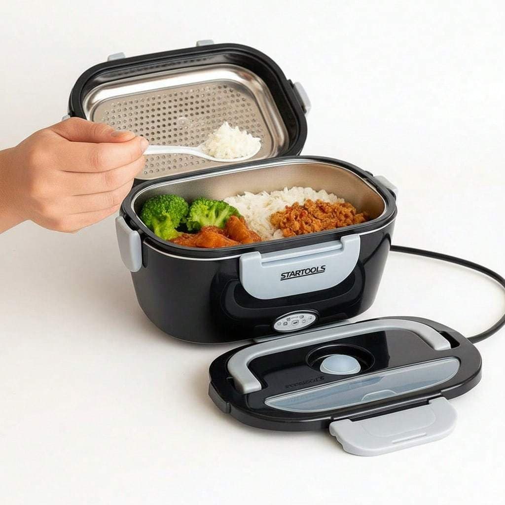 Kit Marmiteira Elétrica + Colher  1,5L Marmita Térmica Bivolt Almoço Serviço Portátil - Preta