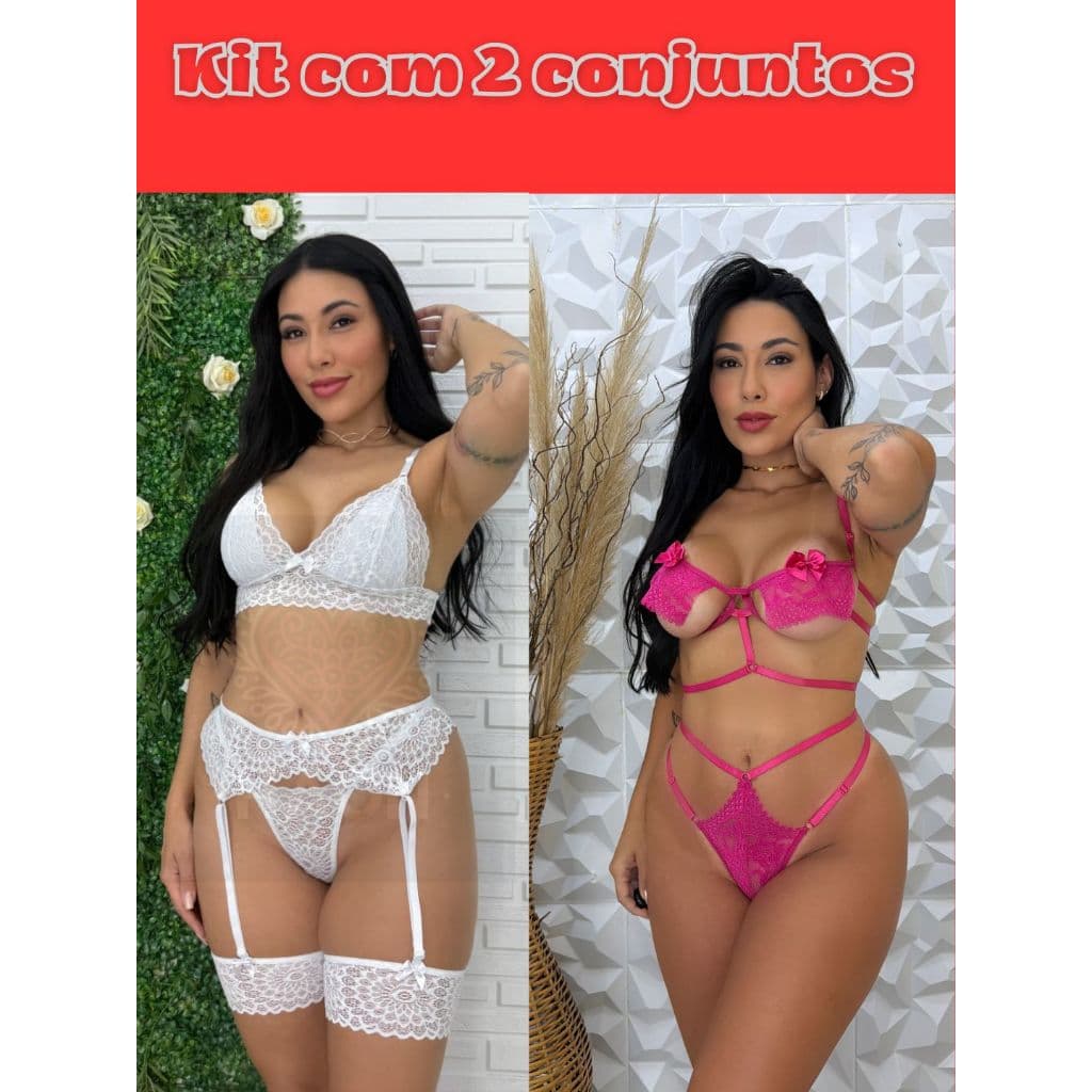 Kit  Conjunto lingerie sexy Trio + Arco Apressadinha com renda e fio dental