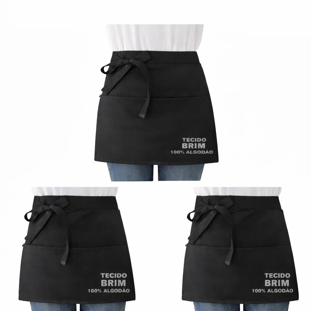 Kit 3 Aventais Cintura Brim Algodão com 2 Bolsos Liso Curto Menor Uniforme Chef Cozinha Restaurante Evento Churrasco