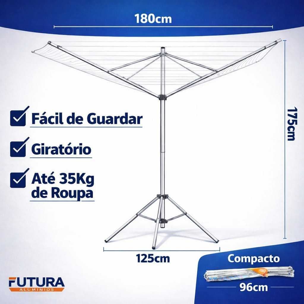 Varal de Chão Giratório 11 Cordas em Alumínio Grande Alta Resistência