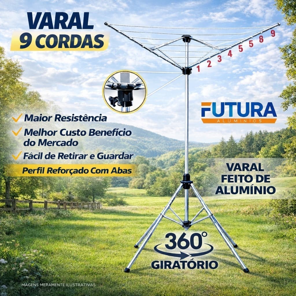Varal de Chão Giratório 9 Cordas em Alumínio Grande Alta Resistência