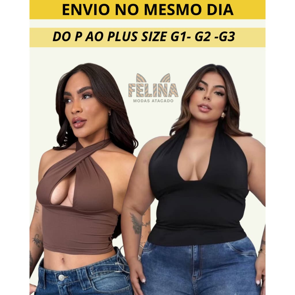 Top CroppedBlusa Frente Única Amarraçao No Pescoço Multi forma Decote Moda Gringa Decotado Suplex Slim ao Plus Size