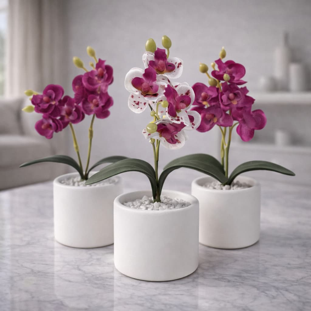 Vasos Decorativos com Orquídea Artificial em Gesso Cerâmico Branco para Sala, Escritório, Casa, Apartamento Decoração