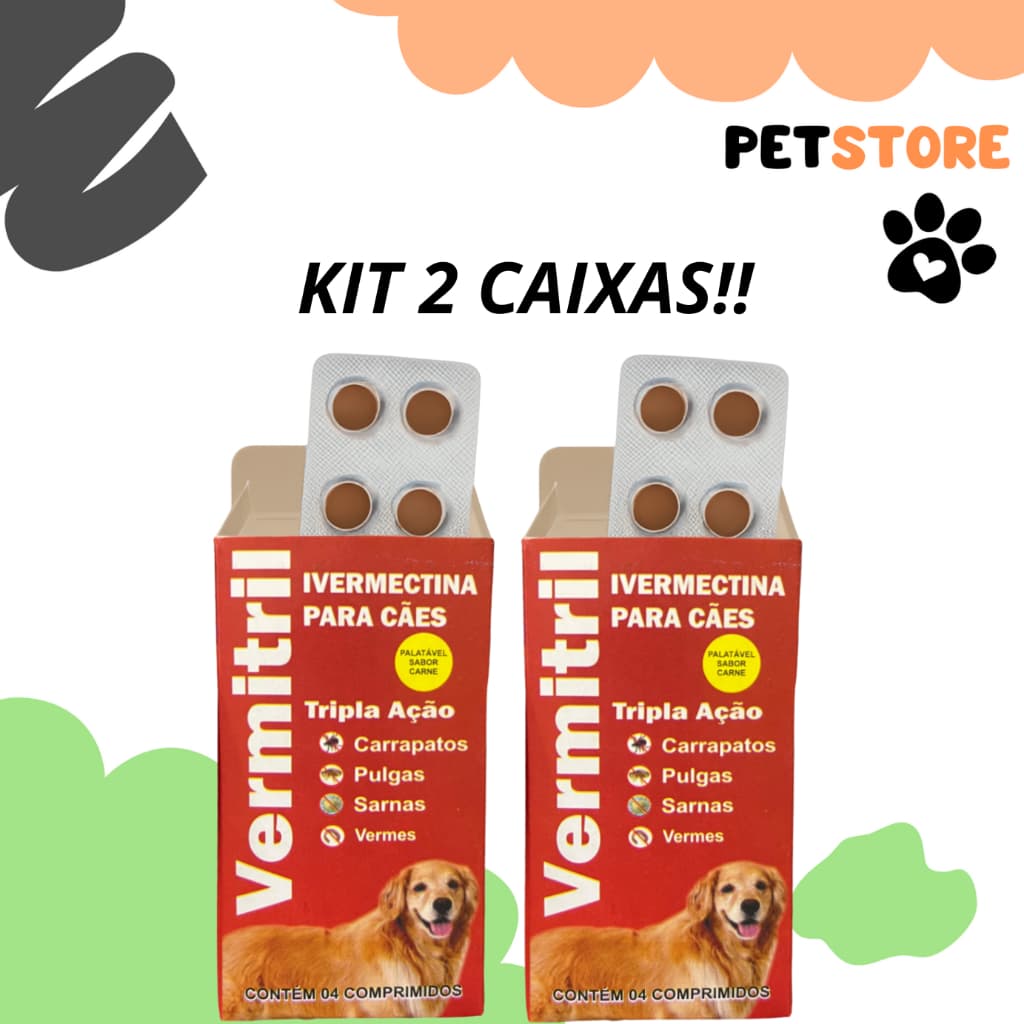 Vermitril Caes Anti Pulgas Carrapatos Vermes Sarnas  3mg 4 Comprimidos Trata 15kg