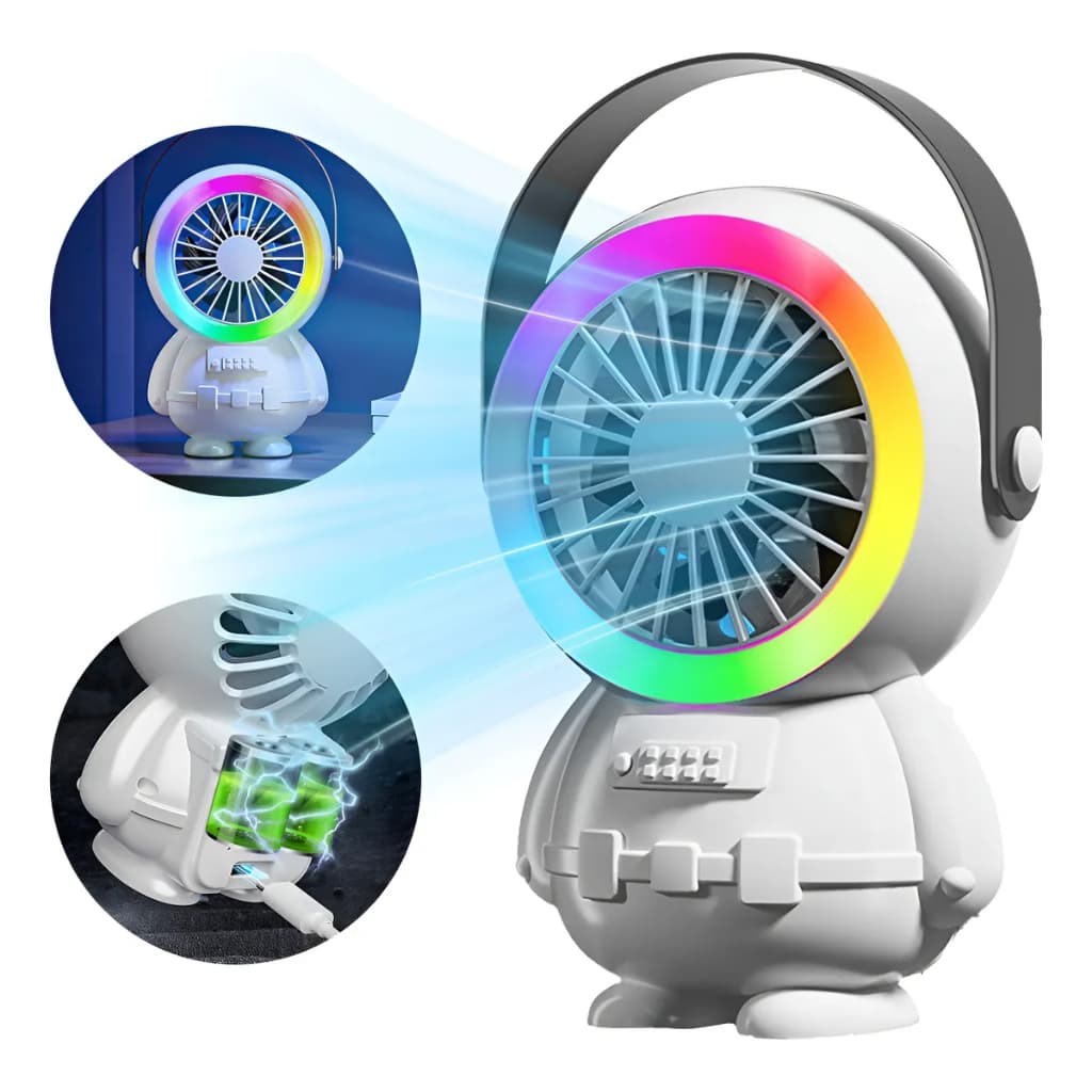 Ventilador Portátil USB-C RGB Mini 18cm 5 Pás Silencioso Potente Branco Bivolt 127/220V