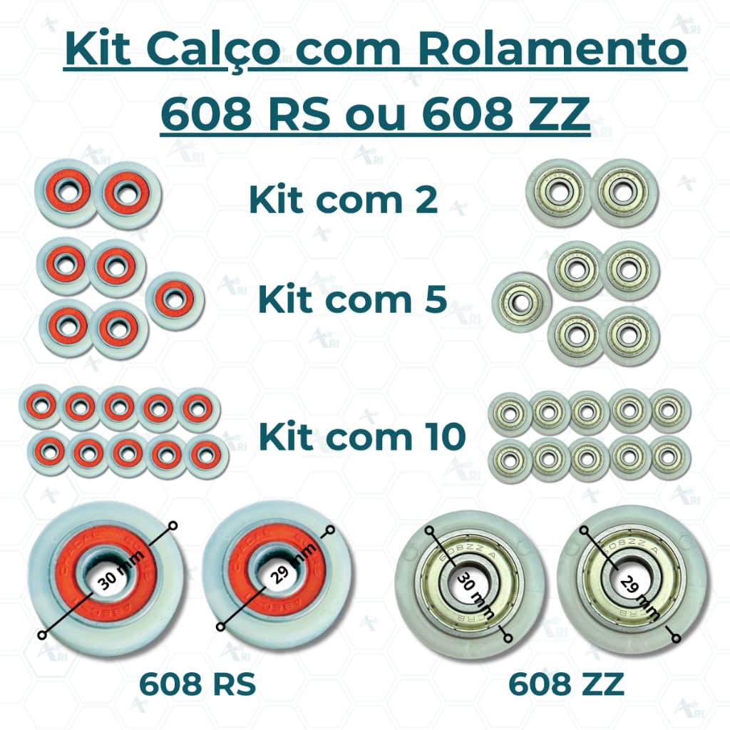 Kit calços com rolamentos 608RS ou 608ZZ, para substituição da bucha do motor ventiladores