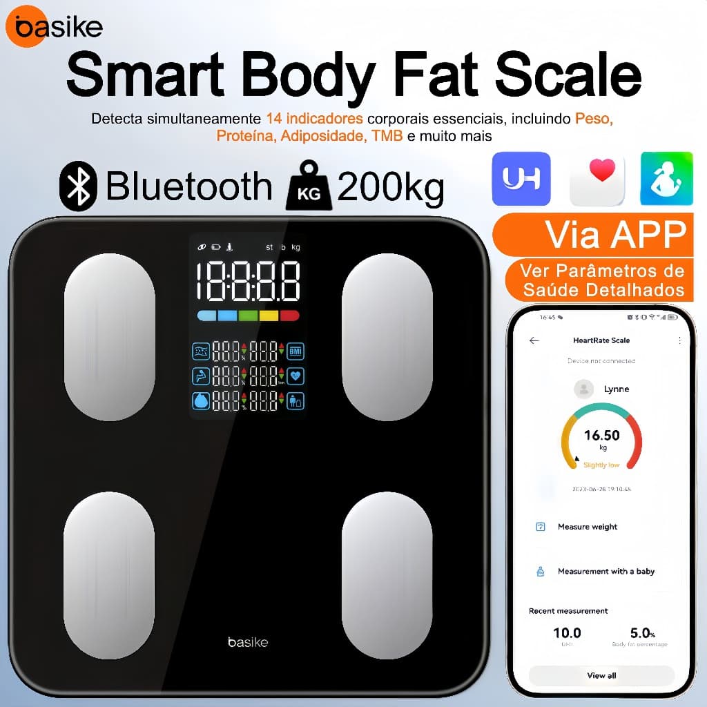 Basike balança digital corporal—14 Índices Corporais, Medição Precisa, Apresentação de Dados do APP
