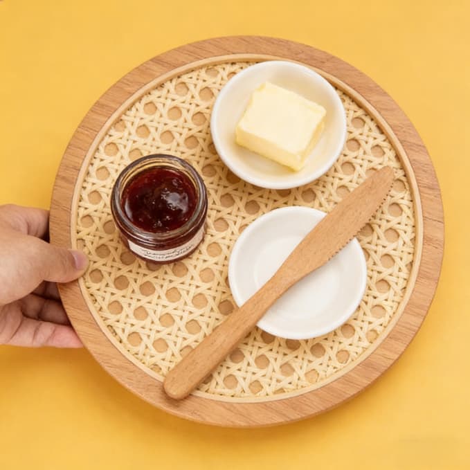 Tábua de Bambu com Palha e Base Giratória 27cm Redonda