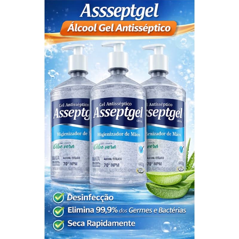 Kit 3 Álcool Gel Antisséptico 70 INPM com Aloe Vera Secagem Rápida 420g