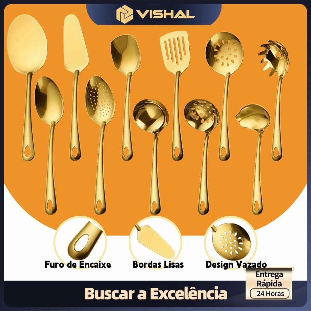 Kit 4/11 Peças Utensílios de Cozinha em Aço Inoxidável Dourado - Espátula, Colher, Concha, Escumadeira, Pegador de Pizza