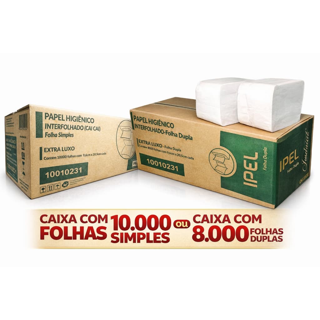 Papel Higiênico Interfolhado Cai Cai Ipel Folha Dupla Caixa 8000 Folha e Simples Cx 1000 Macio Absorvente 100% Celulose