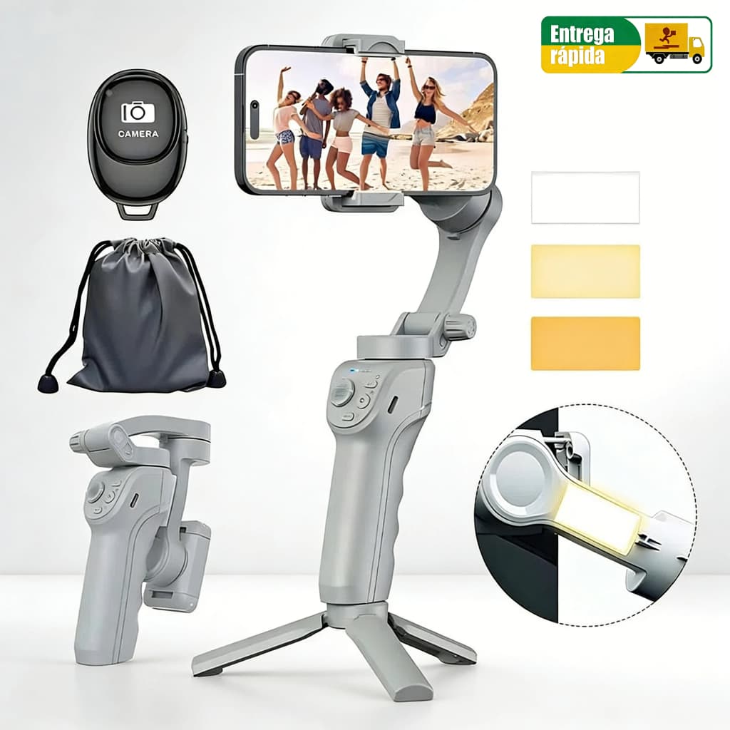 Estabilizador Celular Gimbal 3 Eixos, IA Rastreamento Facial, Tripé Dobrável c/ Luz LED