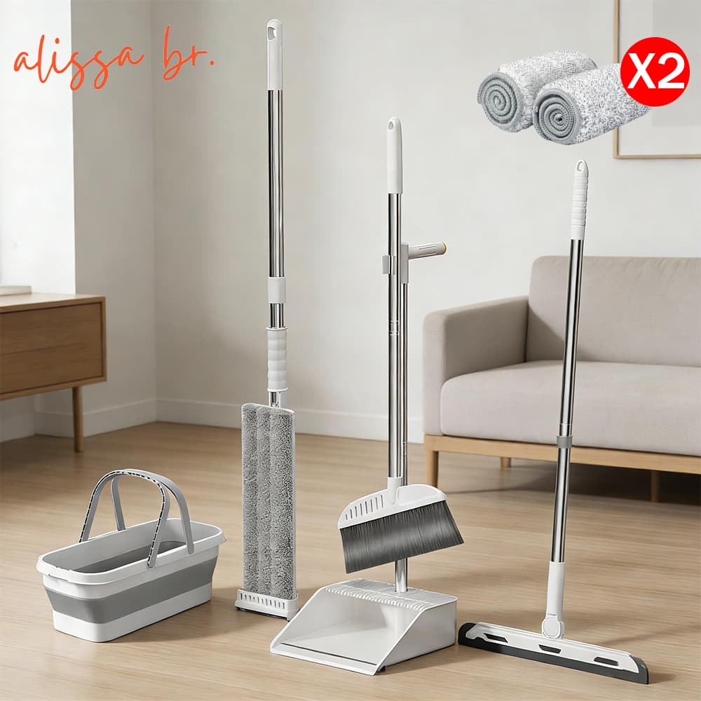 Conjunto Completo para Limpeza Diária, Esfregão, Rodo e Vassoura, Cesto, Vassoura, Pá de Lixo, 2 Pano para esfregão -S7