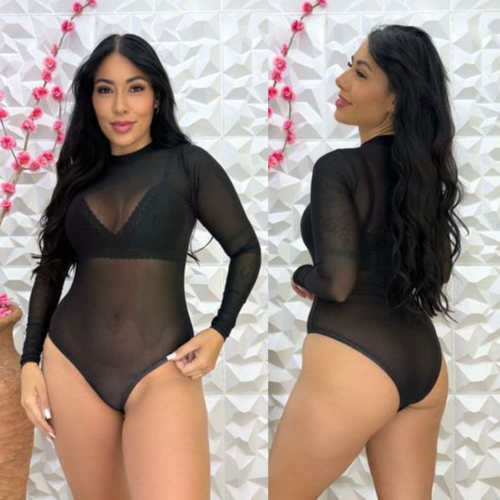 Body de Tule  Bori Manga Longa Preto Influencer Moda Feminino Inverno