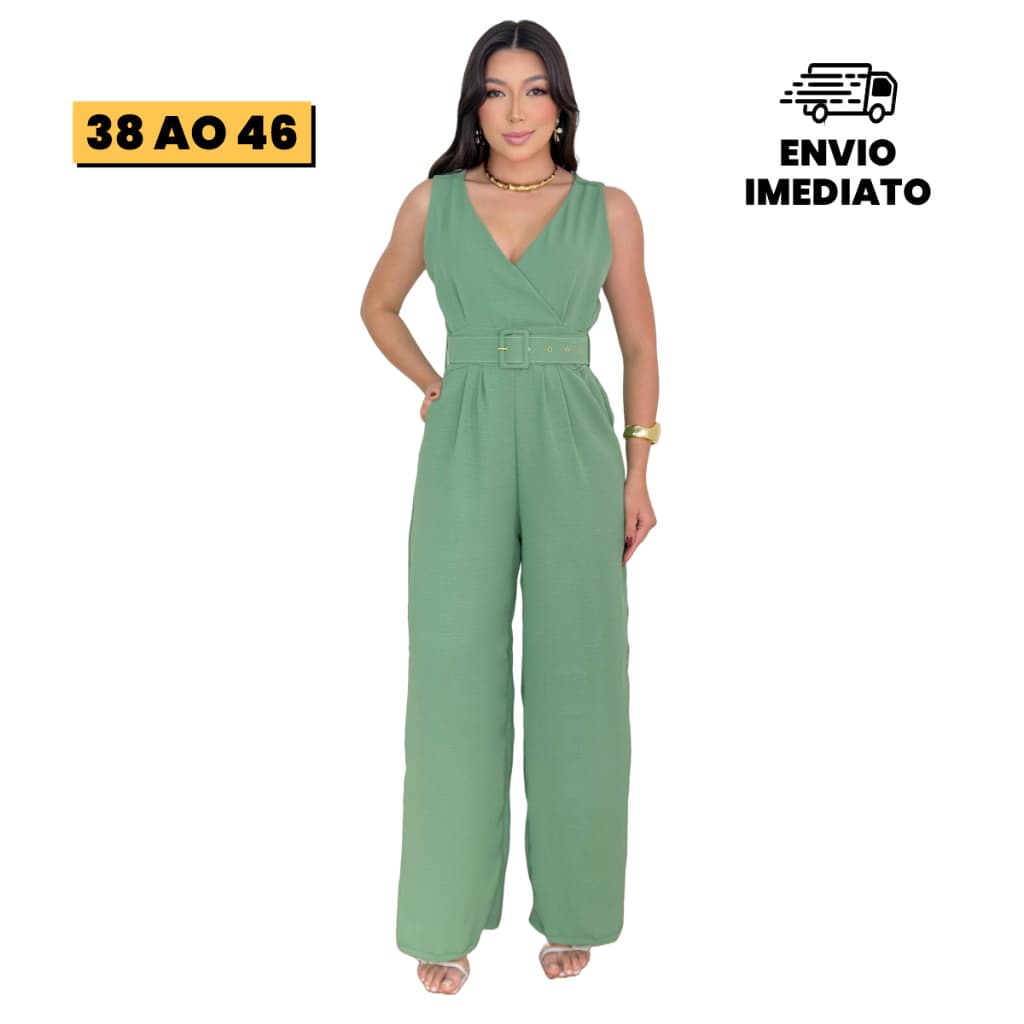 Macacão Feminino Pantalona Elegante Com Cinto Cintura Ajustável e Bolso