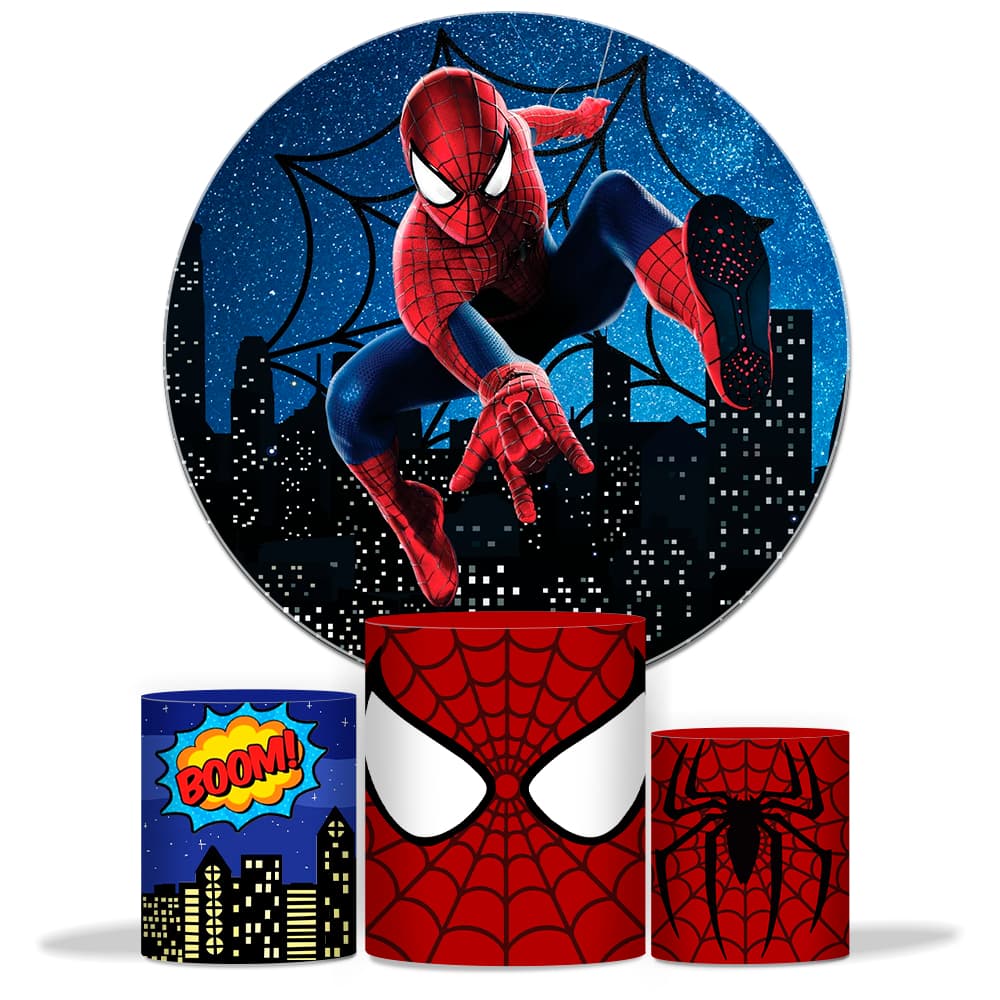 Kit Decoração Festa Infantil Painel Redondo Homem Aranh + Capas de Cilindros Aniversário Completa Premium Spider Man