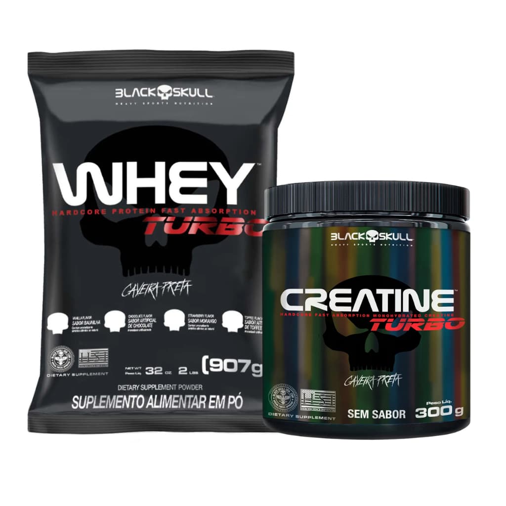 Kit Whey Turbo 907g Refil + Creatina Turbo 300g Pote - Black Skull