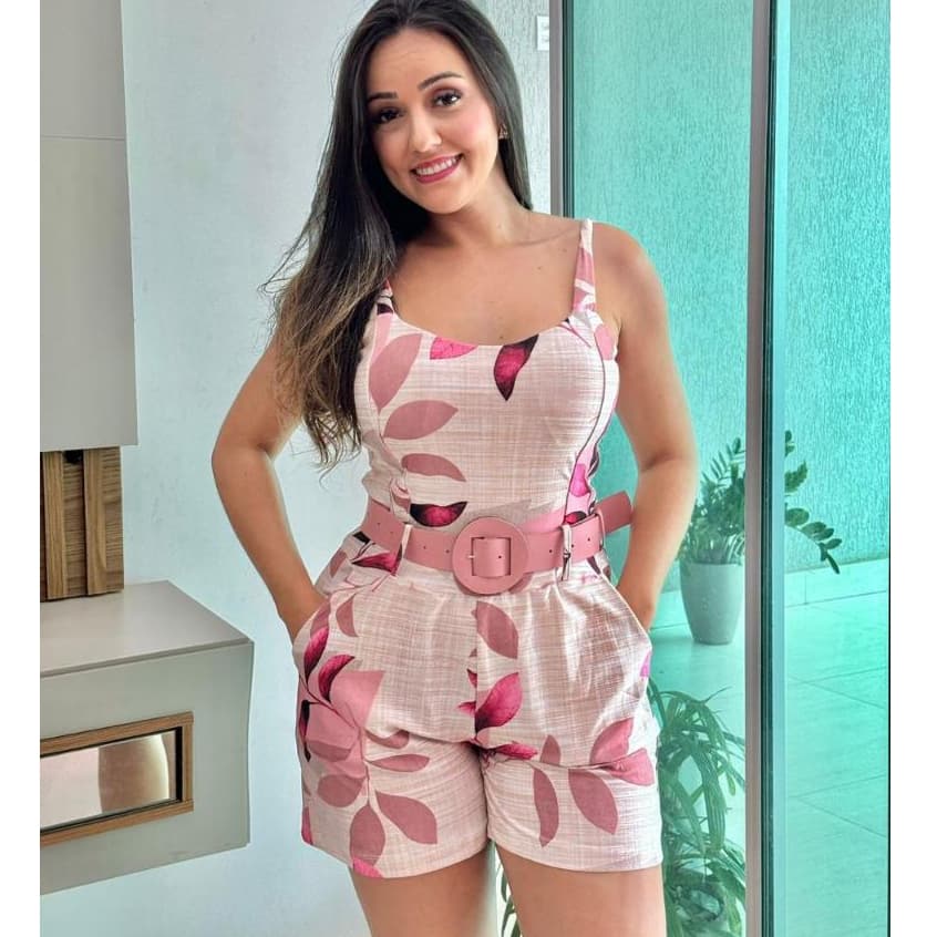 Macaquinho Feminino Curto Estampado com Bolso acompanha Cinto  Bojo Tecido Suplex digital bem verão