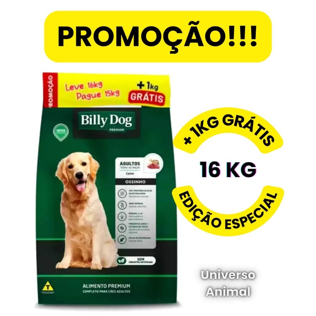 !OFERTAA! RAÇÃO BILLY DOG PREMIUM ADULTOS OSSINHOS CARNE/FRANGO 15KG.