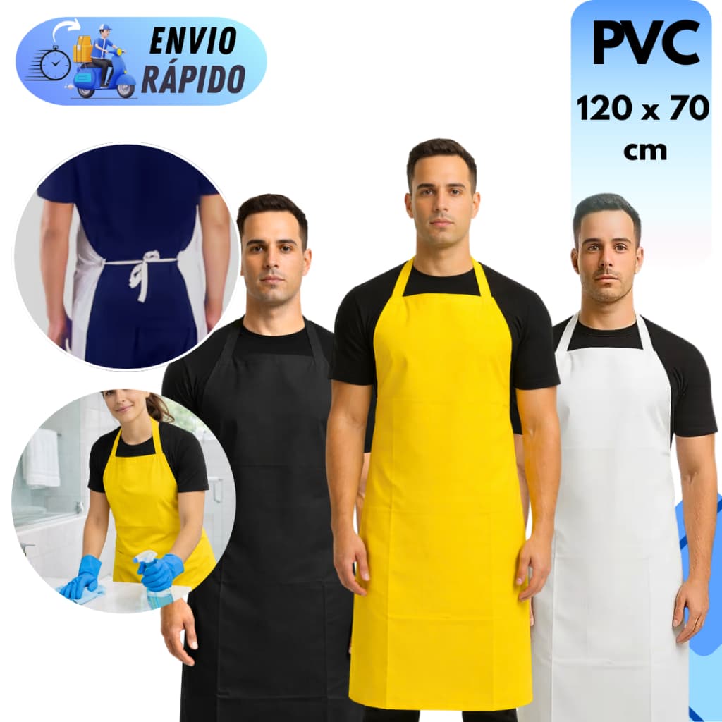 AVENTAL DE PVC 120 X 70cm IMPERMEAVEL PARA COZINHA PRODUTOS DE LIMPEZA CORES AMARELO BRANCO E PRETO